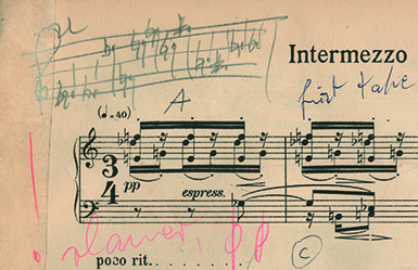 Abbildung: © Universal Edition A.G., Wien (Arnold Schönberg: Suite op. 25, Intermezzo. Einzeichnungen von Eduard Steuermann) Abbildung: © Universal Edition A.G., Wien (Arnold Schönberg: Suite op. 25, Intermezzo. Einzeichnungen von Eduard Steuermann)